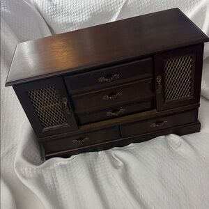 Vintage MCM Wooden Jewelry Cabinet with Brass Accents made in Japan. Like New!